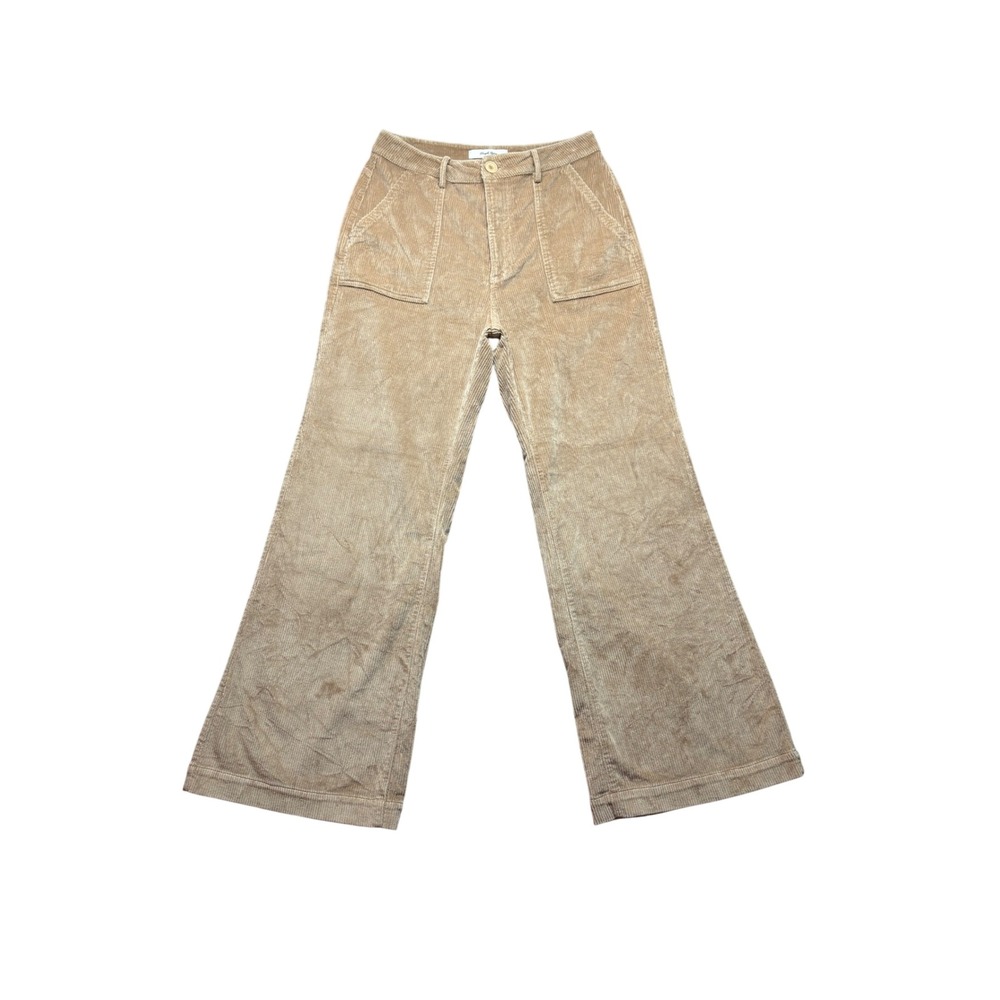 Simple Retro Pants Womens L Tan Beige Corduroy Wide Leg High Rise Patch Pockets